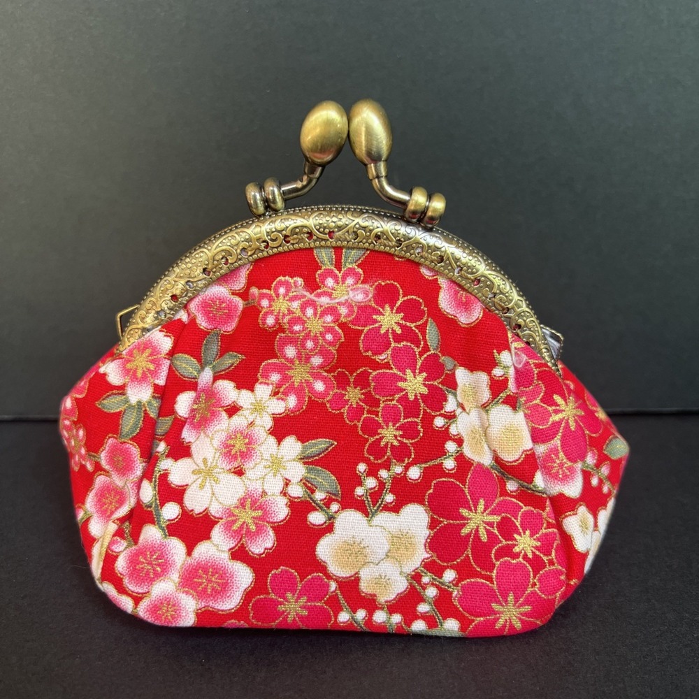 VTG Style Floral Kiss Lock Coin Purse Red Pink Green Cherry Blossom Pouch NEW